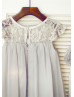 Gray Lace Chiffon Knee Length Boho Beach Airy Flower Girl Dress